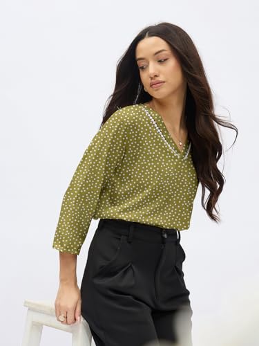 Image of SheWill Printed Top with Contrast Tipping - Stylish Ethnic & Western Tops for Women - Summer Travel Wear, Trendy Tops for Jeans, Lightweight & Comfortable Casual Wear