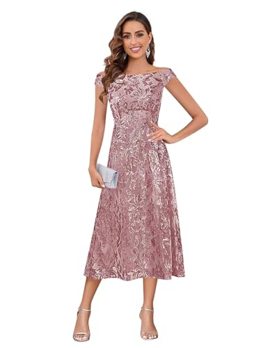 Tea Length Mother of The Bride Dresses Off Shoulder Sequin A-Line Formal Evening Dress for Women