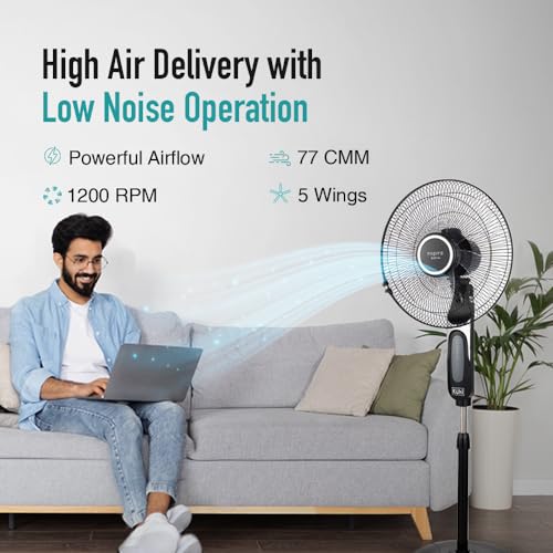 Image of KUHL Inspira P1 | 400mm | BLDC Pedestal Fan with Remote | 5 wings | Touch Screen Control Panel | Height Adjustment | Tilt Mechanism, Swivel Function | Low Noise | Black
