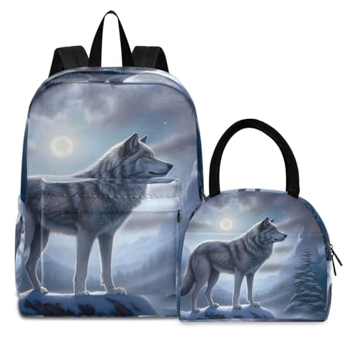 Wolf on Mountain Print Backpack Set with Lunch Bag, Large Capacity Travel Backpacks and Lunch Box Insulated for Commute Hiking Picnic