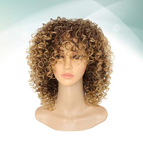 Lurrose Perucas Afro Curto Crespo Encaracolado Perucas Cheias Marrom Mista Loira Peruca Sintética Re