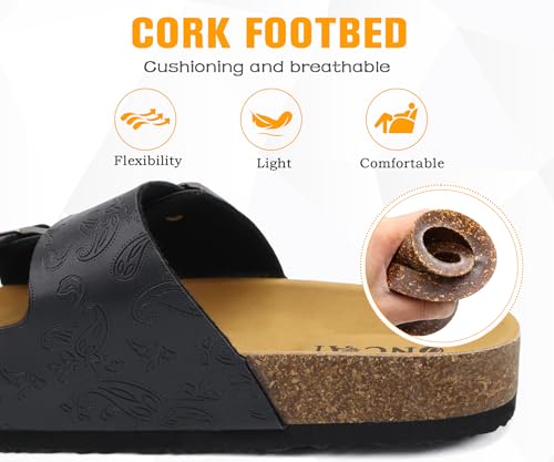 Image of ONCAI Womens Flat Slide Sandals with Arch Support 2 Strap Adjustable Buckle Slip on Slides Shoes Non Slip Rubber Sole