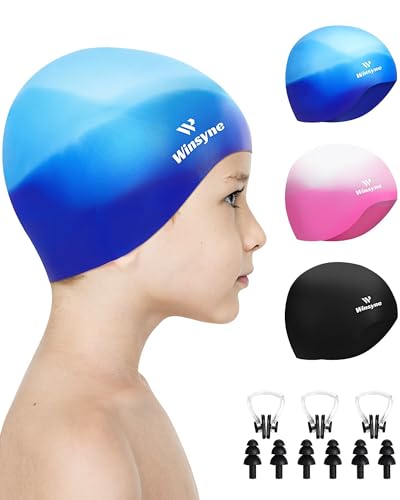 3 Pack Kids Swim Cap for Boys Girls, Unisex Silicone Swimming Caps for 3-15 Toddler Children Teen...