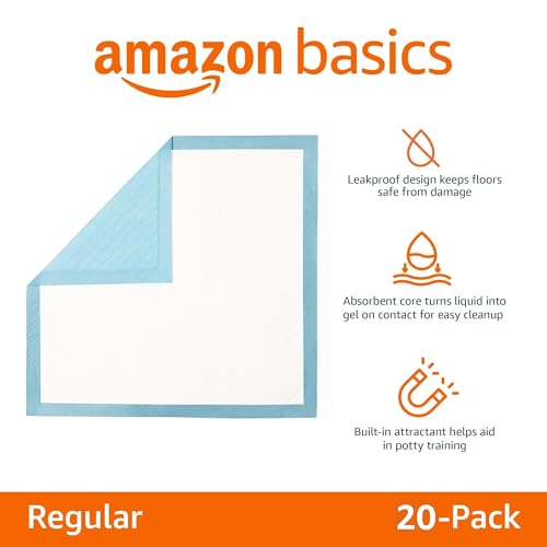 Image of Amazon Basics Heavy Duty Absorbent Dog and Puppy Pee Pads with 5-Layer Leak-Proof Design and Quick-Dry Surface for Potty Training, Regular Size, 24 x 23 Inches, Blue & White, 20-Count