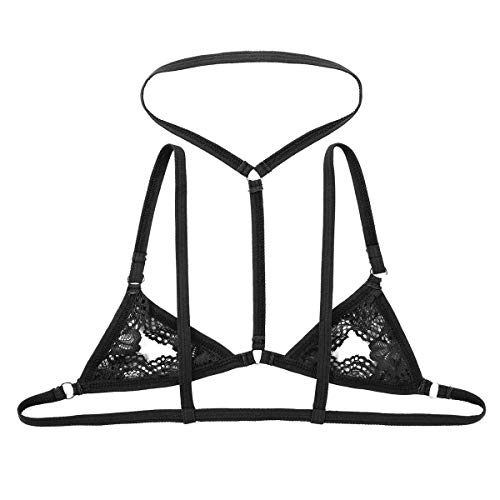 ACSUSS Mens Lingerie Sissy Sheer Lace Halter Neck Open Nipples Wire-Free Unlined Mini Bra Tops4