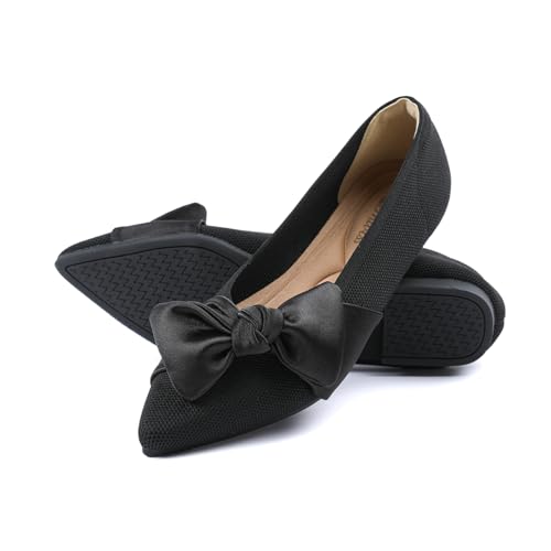 Semwiss Pointed Toe Ballet Flats for Women Slip On Comfortable Flats with Bow Dressy Casual Work Shoes Black 7