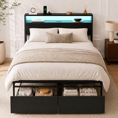 Zevemomo Full Size Bed Frame with Storage Drawers, Bed Frame Full Size with Headboard, LED Light, Charging Station with 2 USB Ports & 2 AC Ports, Noiseless, Black