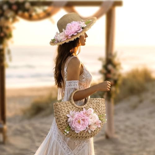 Sombrero de playa rosa para mujer con bolso de rata miniatura 5