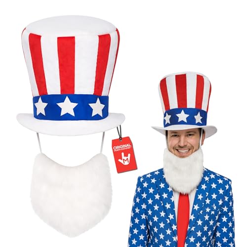 Morph Uncle Sam Top Hat With Beard - Supreme Adult Large Tall Uncle Sam Hats 4Th Of July Red White Blue Hats - American Flag Patriotic Uncle Sams Costume Accessory, Adjustable Size