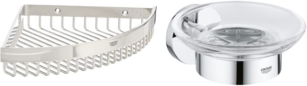 GROHE Selection | Bathroom Accessories | Cube Corner Shower Basket | Chrome | 40809000 & 40444001 Essentials Soap Dish and Silver Holder