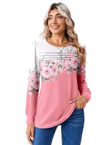 Zeagoo Long Sleeve Shirts for Women Casual Fall Fashion Crewneck Pleated Tunic Tops Work Outfit Blouse