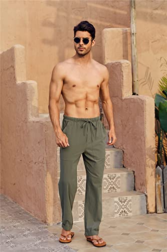 Gafeng Mens Linen Pants Yoga Beach Loose Fit Casual Summer Elastic Waist Drawstring Baggy Trousers With Pockets Army Green thumb #1