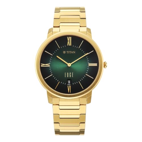 Image of EDGE Meister with Quartz Analog 2 Hands + Date Display Green Dial Solid Link Gold Plated Stainless Steel 316L Strap Watch for Men - 10065YM01