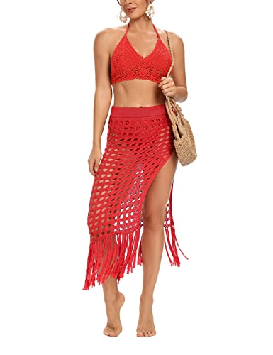 Women Sexy Hollow Out Mesh Tassle Skirts Beach Cover Up Summer Fish Net Swimsuit Wrap Sheer Maxi Sarong Swimwear (Color : Red C, Size : Medium)4