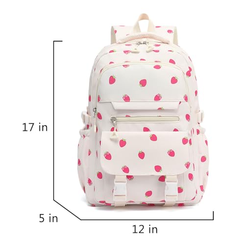 Image of High Middle School Backpack for Girls Travel Kawaii Laptop Kids Bookbag, Strawberry Beige