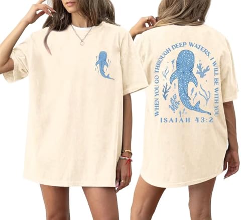 Whale Oversized Shirt for Women Christian Shark Bible Verse Gifts Beachy Top Vacation Summer Casual Loose Graphic Top(Small,Apricot)