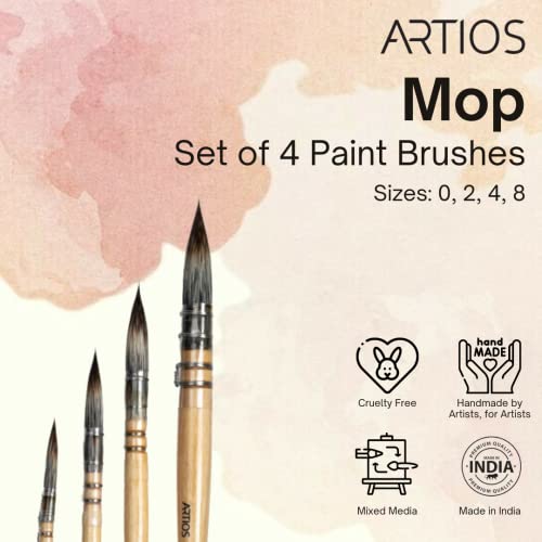 ARTIOS Watercolor Mop Paint Brush Set for Artists Painting with Brush Holder, Set of 4 (0, 2, 4, 8)-Wood
