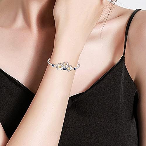 YAFEINI Daisy Flower Series Bracelet Sterling Silver Bangle Gift For Women with Blue Cubic Zirconia Set Adjustable Charm, Jewellery Box Packaging