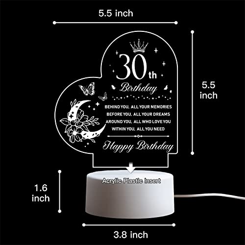 Vetbuosa 30th Birthday Gifts for Women Men - Heart Shape Acrylic Night Light - 30th Birthday Gift for Sister, Friend, Girlfriend, Husband, Wife - Image 5