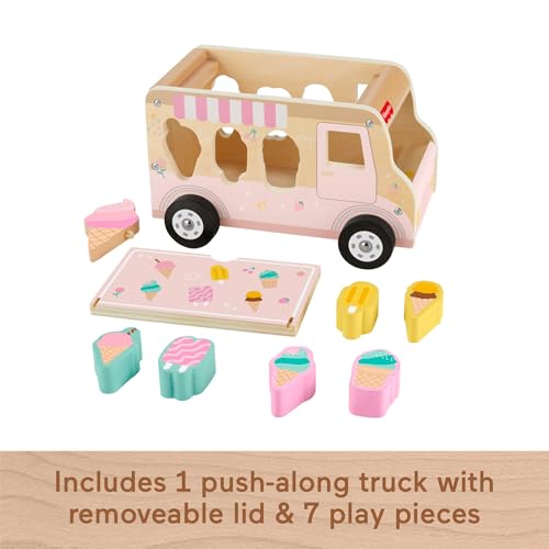 Fisher-Price Wood Toddler Toy Ice Cream Truck Shape Sorter Set, 9 Wooden Pieces for Developmental Play Kids Ages 18+ Months, HXT86
