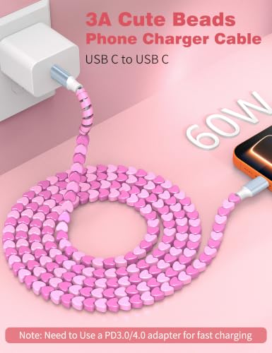 Image of USB C to USB C Cable 6FT,60W Fast Charging Beaded Charger Cord for iPhone 17 16 Pro Max 15 /iPad Pro 11th Air for Samsung S26 S25 S24 S23 A16 A17 /Android Phone Charger Cord Cute Girls Women,Pink-Hearts