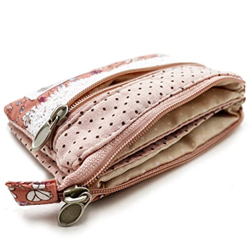 Women Small Zipper Coin Purse, Handmade Fabric Flower Embroidered Change Pouch, Cotton Double Zipper Wallet 6