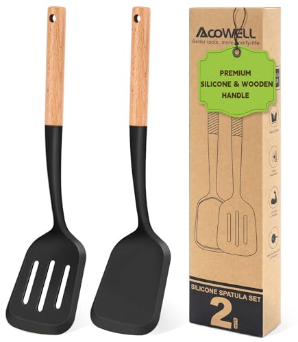 Pack of 2 Silicone Spatula Set with Elegant Wooden Handle, ...