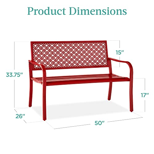 Best Choice Products Outdoor Bench 2-Person Metal Steel Benches Furniture for Garden, Patio, Porch, Entryway w/Geometric Backrest, 790lb Capacity - Rose Red