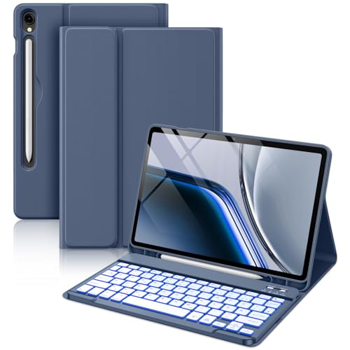 Vobafe Tastatur Hülle für Samsung Galaxy Tab S10 Lite/S10 FE/S9 FE 10.9 Zoll/Tab S9 11 Zoll 7-Farben Beleuchtung Keyboard Cover mit Stifthalter & Schnellladung QWERTZ-Layout Blaugrau