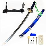 Swords and more Blue Exorcist - Rin Okumura Schwert - gefaltet - Set, Kurikara Katana, Stahl Samurai Schwerter echt scharf mit Scheide, Schwertständer, Pflegeset, Katana Schwert für Anime Cosplay