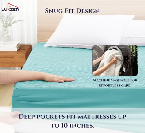 Image of Lukzer 100% Waterproof Quilted Mattress Protector Sky Blue Double Bed 72 x 48 Inches (6 x 4 ft) Cotton-Feel Bed Protector Noiseless Hypoallergenic Breathable Elastic Fitted Mattress Cover /Bed Cover