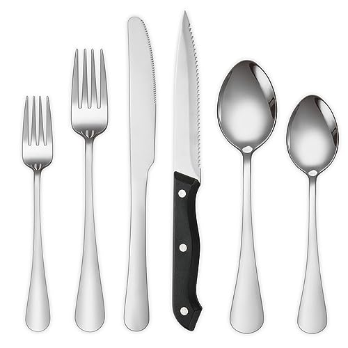 Silverware Set with Steak Knives 24 Piece Flatware Cutlery Set Service for 4,18/10 Stainless Steel Forged Thick Handle Mirror Polished Dishwasher Safe Premium Utensil Sets for Home Kitchen Wedding