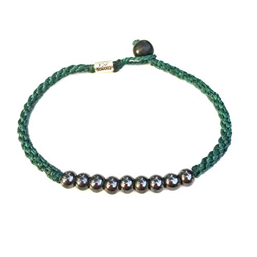 Anklet with Beaded Hematite Stones for Men and Women in Dark Green: Handmade Woven Knot Braided Rope Surfer Beach Jewelry by Rumi Sumaq