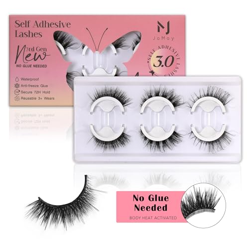 JoMay Self Adhesive Eyelashes No Lash Glue Needed Reusable Up to 5x Natural Strip Lashes 3D Super Fluffy False Eyelashes Easy to Apply & Remove Full Bouncy Volume & Curl 3 Pairs(Sweet Charm Series)