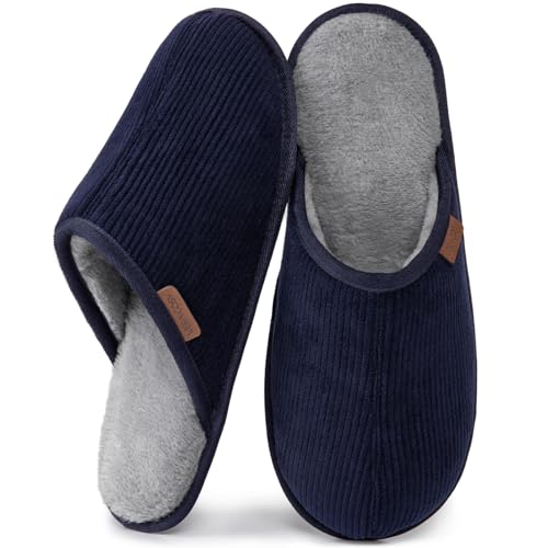 Image of VeraCosy Men's Corduroy Scuff Slippers Soft Comfy Memory Foam Non-slip Indoor House Shoes Navy Blue, 7-8 US