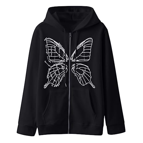 SHINsuke Men Women Y2K Butterfly Zip Up Hoodie Grunge Goth Emo Hooded Jacket Punk Skeleton Sweatshirt Streetwear Alt Clothes
