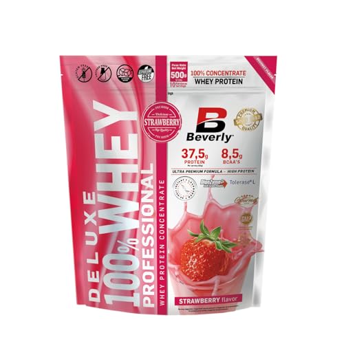 Beverly Deluxe Whey - Concentrado de proteína de suero whey - 500 g - 35 g de proteína por ración - 10 servicios - 4 Sabores - Tonifica y aumenta la masa muscular - Sabor (FRESA)