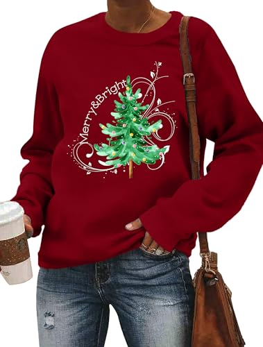 Image of Christmas Sweatshirt Women Merry and Bright Christmas T-Shirt Funny Xmas Lights Blouse Tops Holiday Shirts