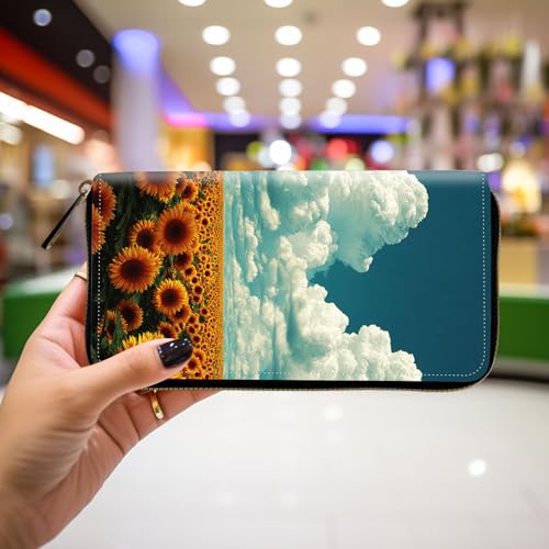 Wallet,Leather Long Wallet Suitable For Ladies And Teenagers - Detachable Wristband + RFID Travel Wallet With Card Slot - Sunflower Field and Clouds4