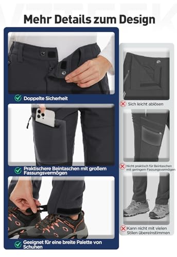 Vzteek Damen-Wanderhose-Thermohose-Skihose-Schneehose-Softshellhose-Wasserdicht Winter Warm Gefüttert Arbeitshosen Regenhose Trekkinghose Outdoor Hosen für Damen Cargohose (Klassisch Grau,XXL)