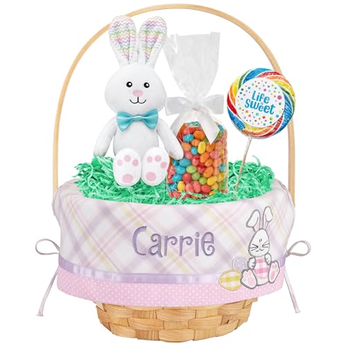 Let's Make Memories Personalized Easter Basket for Kids - For Boys - For Girls - Embroidered Name - Create Your Own - Fillable - Wicker - Easter Basket Stuffers - Large - Pink Bunny Applique