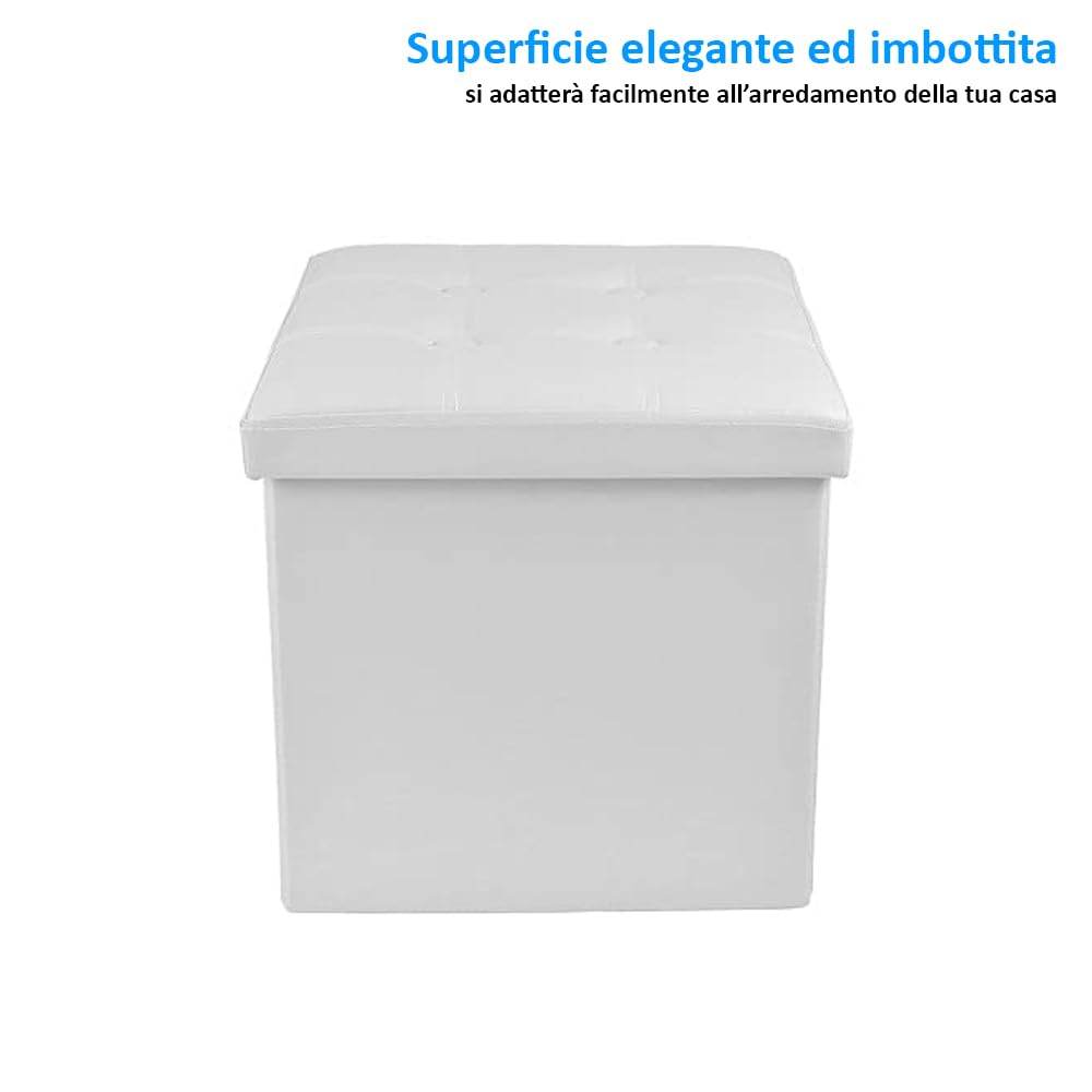 VIRSUS 1 Pouf Cubo Poggiapiedi con seduta imbottita, dimensioni 40x40x40 contenitore con capienza 40 Litri, Sgabello arredo casa in similpelle Vari colori (Bianco)