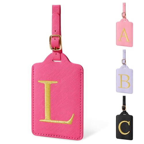 Personalized Initial Luggage Tag, Rose Red Leather, Cute Luggage Tags With Privacy Cover, Embroidered Custom Monogram, Gifts for Women, Kids