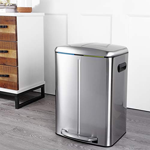 Happimess Hpm1005A Marco Rectangular 10.5-Gallon Double Bucket Trash Can With Soft-Close Lid, Modern, Minimalistic, Fingerprint Proof For Home, Kitchen, Laundry Room, Office, Stainless Steel #TOP1
