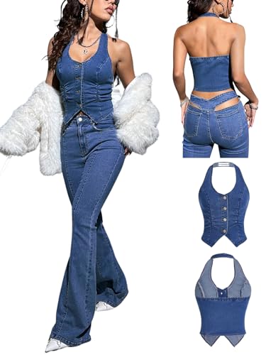 OYOANGLE Women's Button Front Denim Jacket Vest Sleeveless Vintage Halter Jean Crop Tank Top2