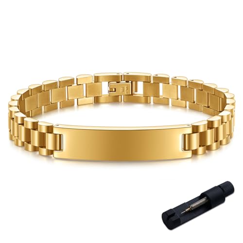 HXNIBATSAR 6 mm Stainless Steel Bracelet for Men and Women, Chain Watch Bracelet, Fashionable and Comfortable, Everyday Versatility, Black/Silver/Gold/Gold & Silver (10mm-Brand Gold, 8.3in)