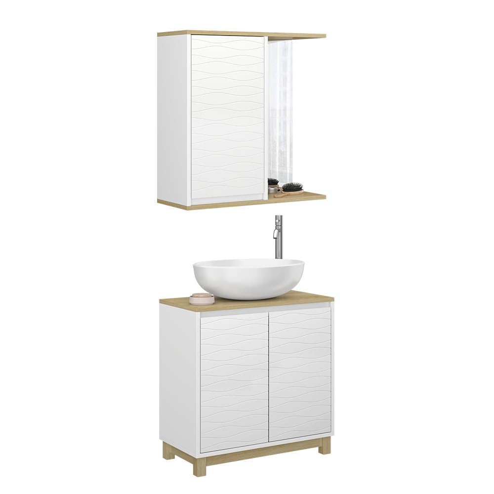 Vicco Set di mobili da bagno Livia, Bianco/quercia, 60 cm, composto da specchio da bagno e mobile sottolavabo