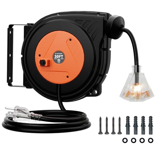 30FT Retractable Extension Cord Reel 16AWG/3C SJTOW Heavy Duty Power Cord Reel with Lighted Triple Outlets 10A Circuit Breaker Lightweight Ceiling/Wall Mount Reel for Garage ETL Listed Orange