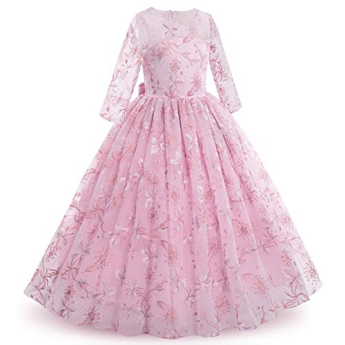 Flower Girls Dress Lace Bridesmaid Floral Lace 3/4 Sleeve A Line Wedding Pageant Dress Princess Boho Floor Length Maxi Tulle Party Vintage Evening Formal Prom Dance Ball Gown Bean Pink 9-10 Years #TOP1