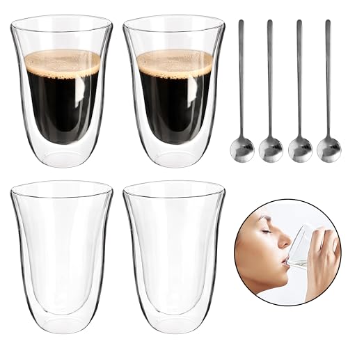 Asueilc 220ML Double Walled Glasses Coffee Mugs, Glasses Drinking Coffee Espresso Cups Set of 4, Vacuum Insulated, Hand Blown Characteristic Curved Cup Mouth Design, not Easy to Overflow